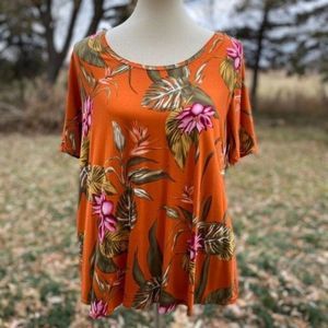 George Orange Floral Casual Tee Short Top Scoop Leisure Sz L